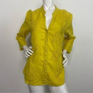 Women’s Charter Club Yellow 100% Linen Tunic Button Up Lagenlook Top Size 12